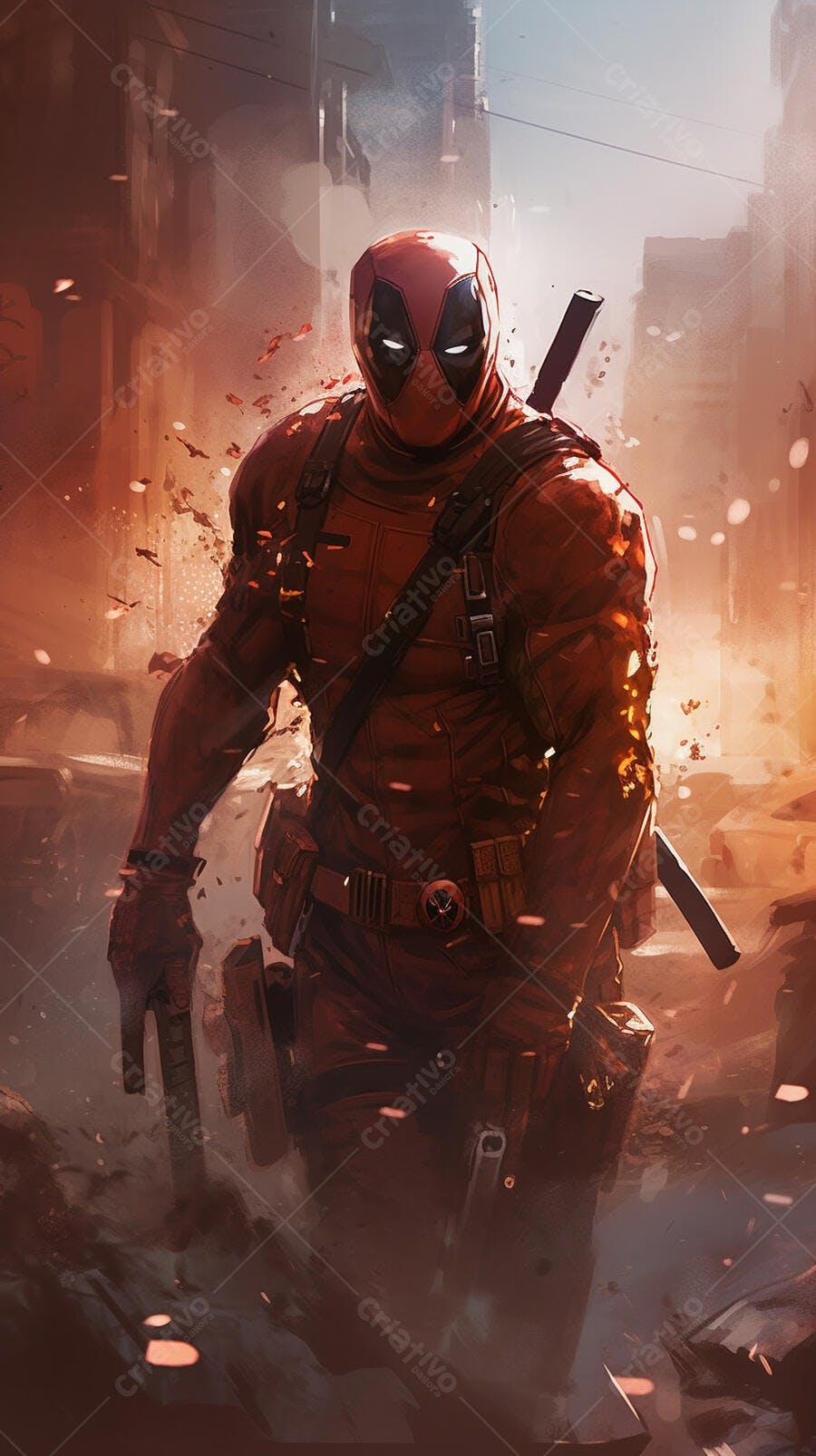 Deadpool em cenário urbano pós-apocalíptico