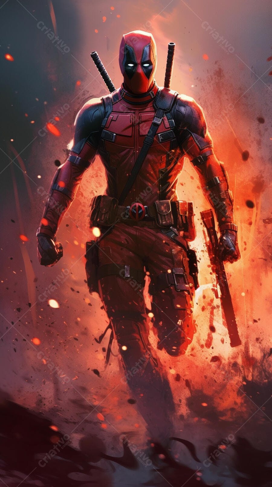 Deadpool em chamas fundo vermelho