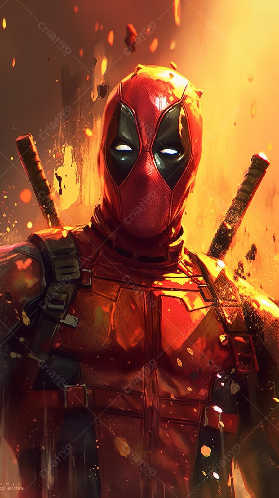 Deadpool em chamas fundo laranja