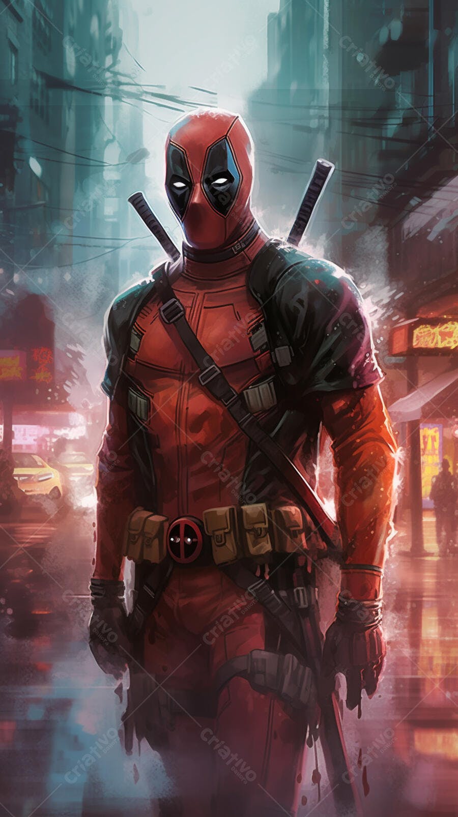 Deadpool em cidade noturna