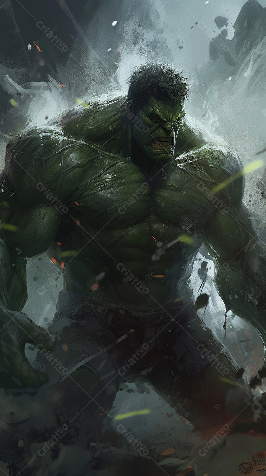 Hulk furioso em cenário de destruição