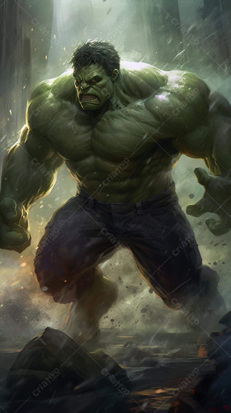 Hulk furioso em cenário urbano destruído