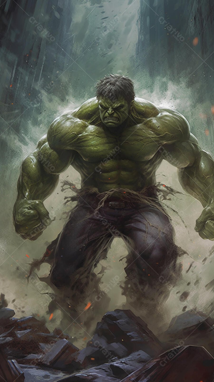 Hulk furioso em cenário destruído