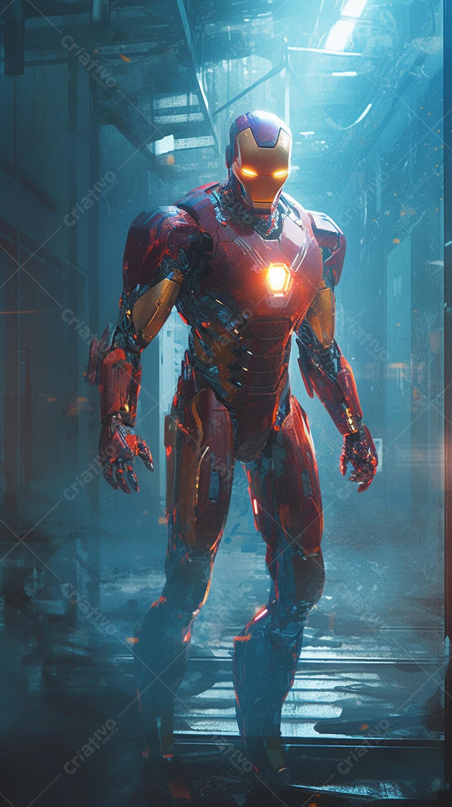 Iron Man armadura vermelha em cenário futurista