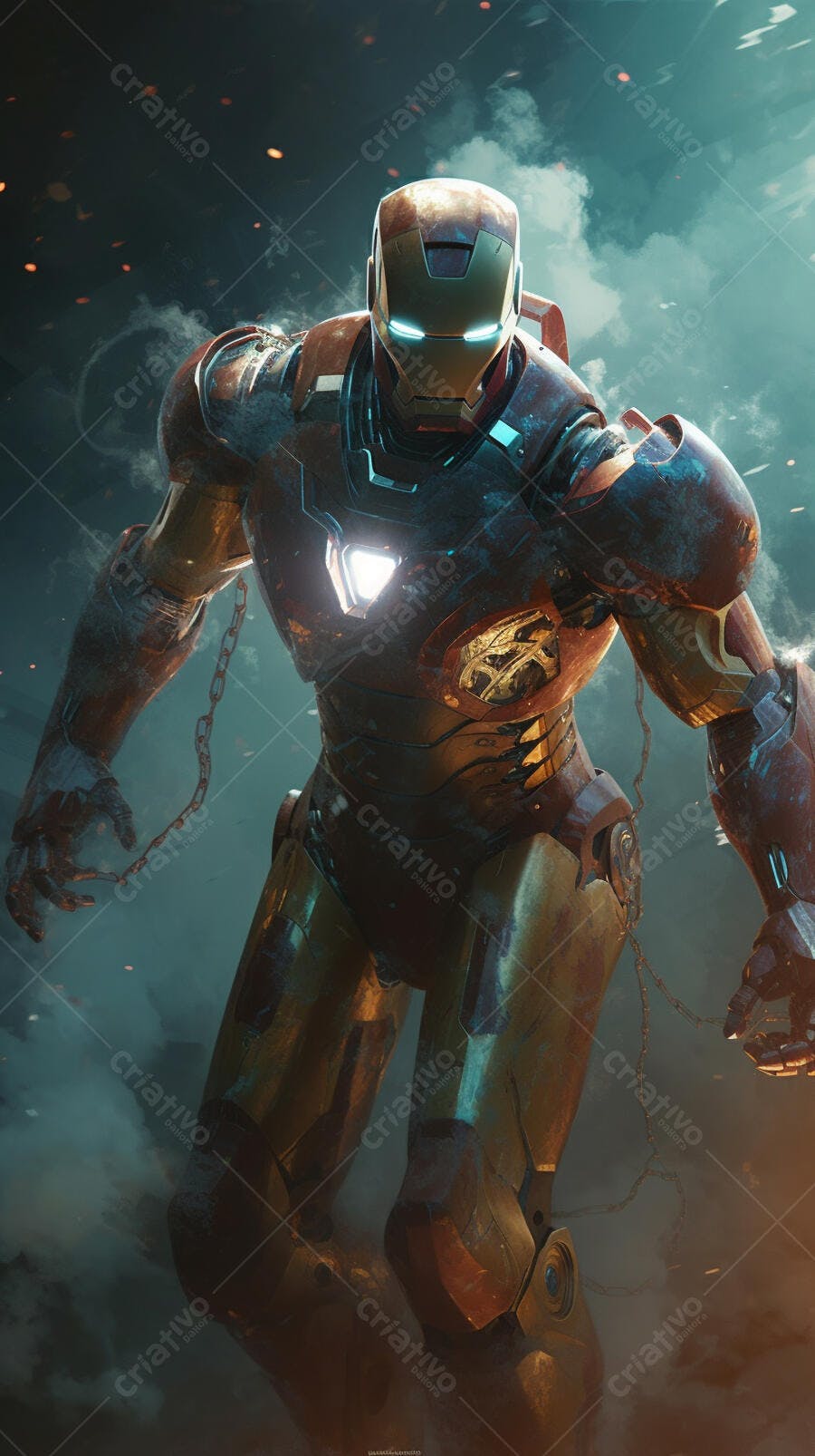 Iron Man armadura enferrujada em cenário sombrio