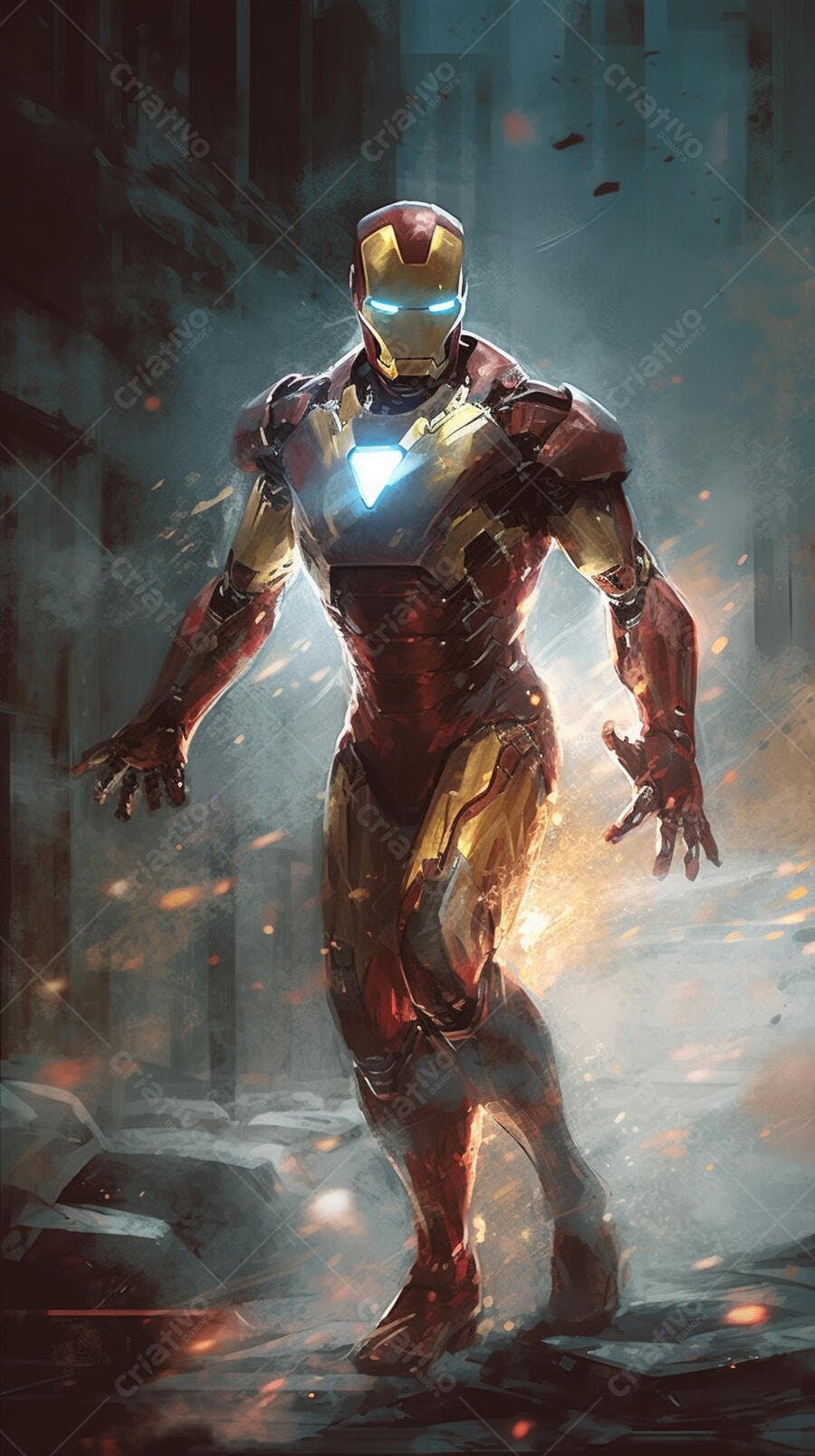 Iron Man armadura vermelha e dourada em cenário urbano