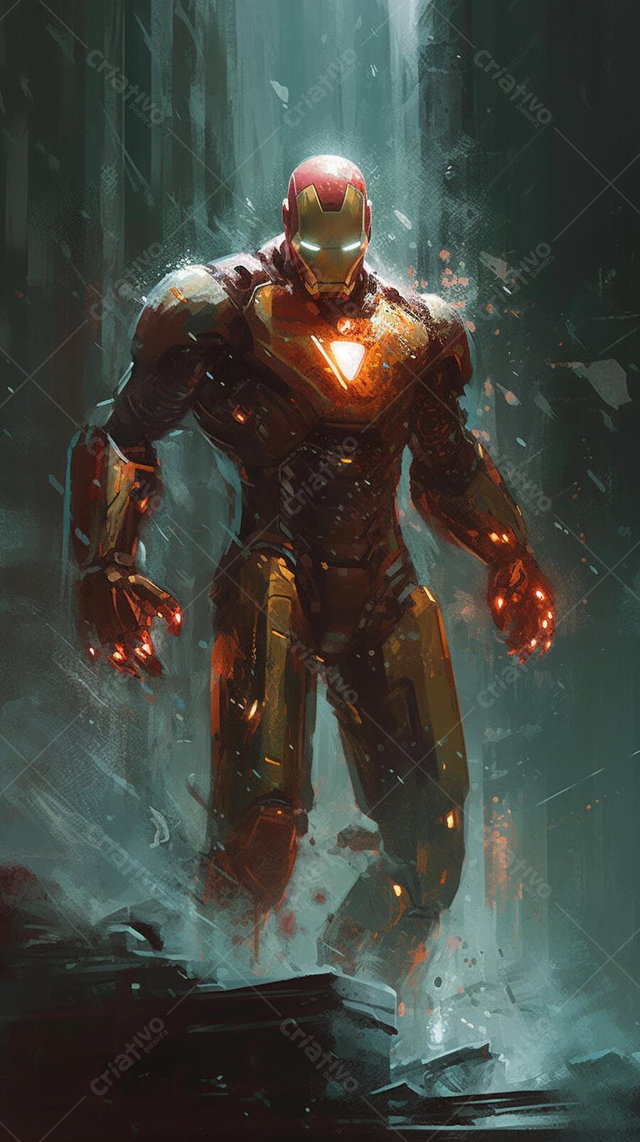 Iron Man armadura vermelha e dourada em cenário sombrio
