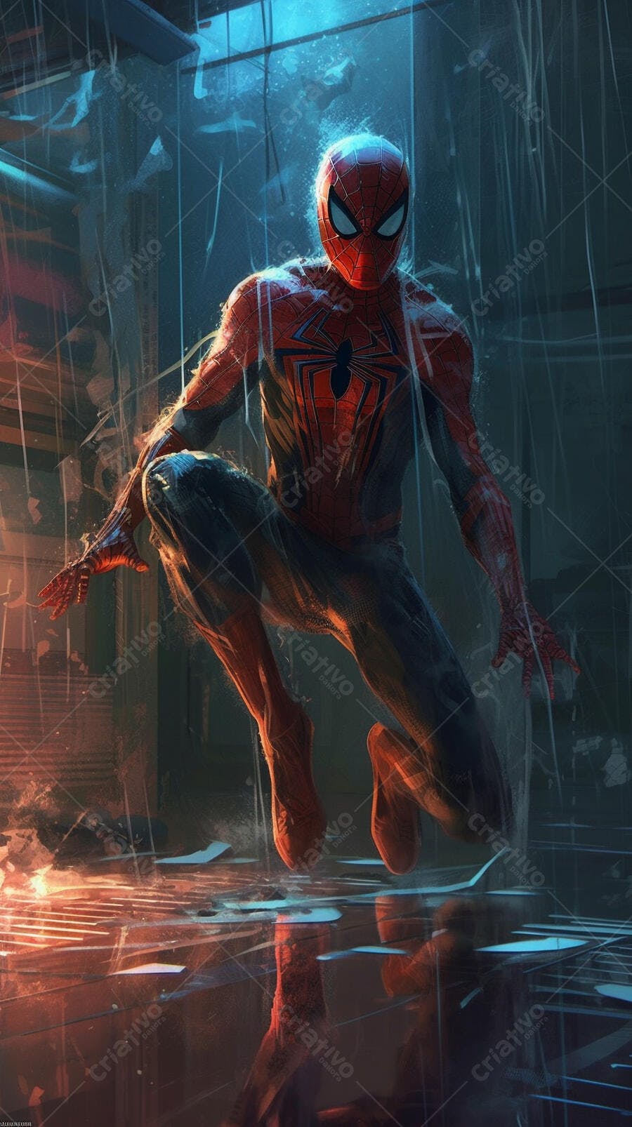 Homem-Aranha em ambiente urbano chuvoso