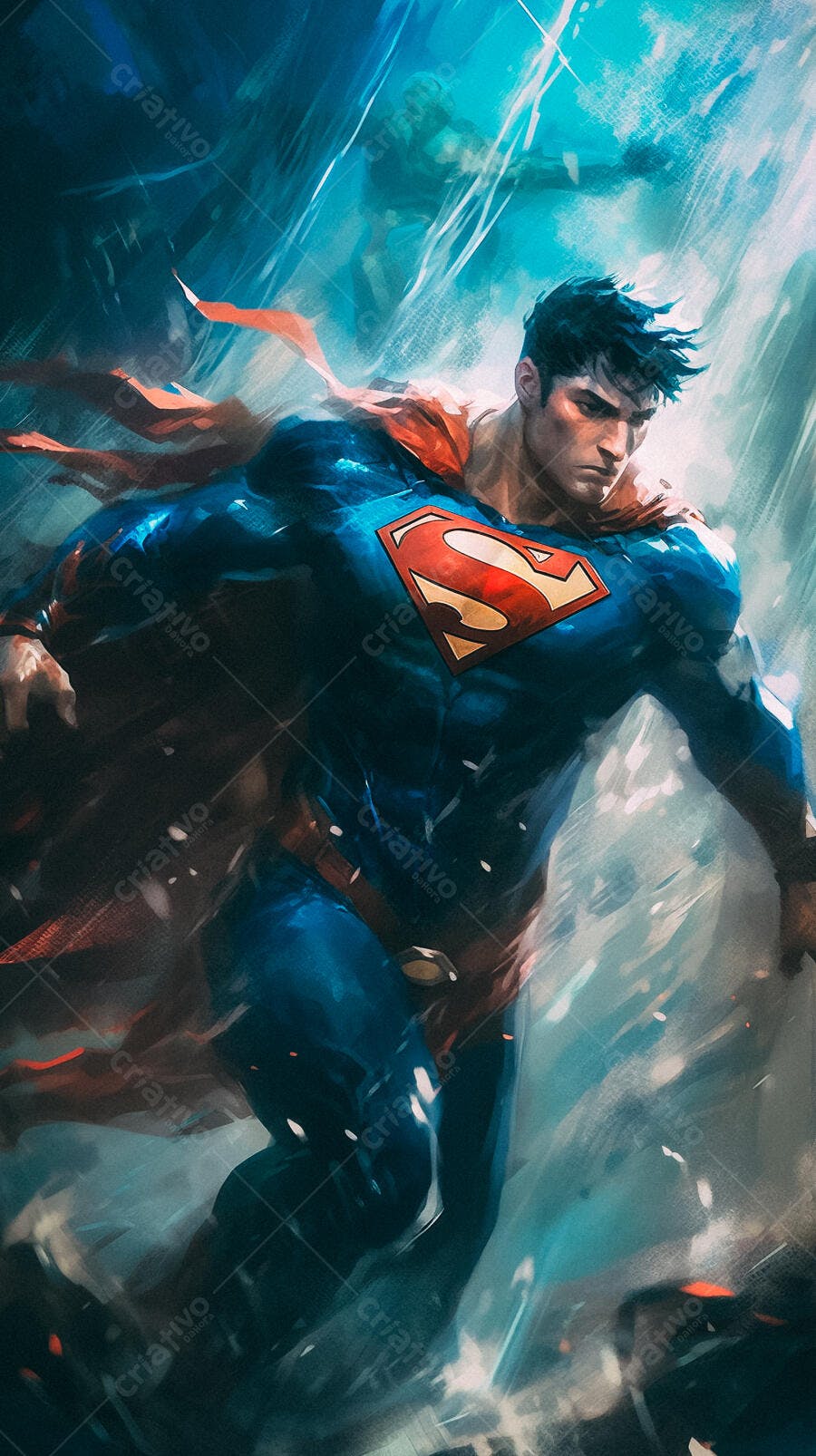 Superman em voo azul e vermelho