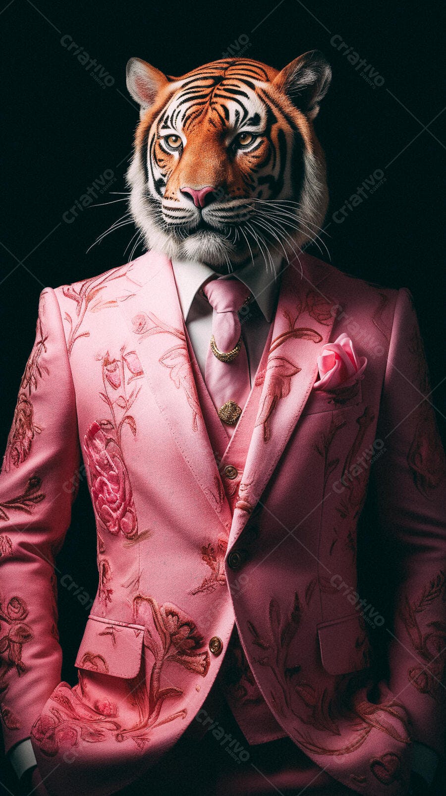 Tigre em terno rosa floral