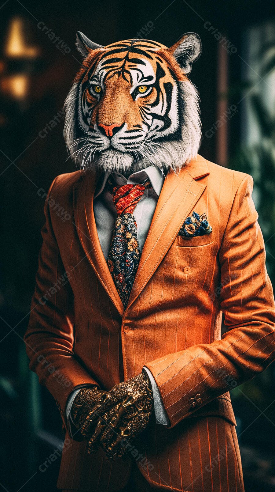Tigre elegante em terno laranja