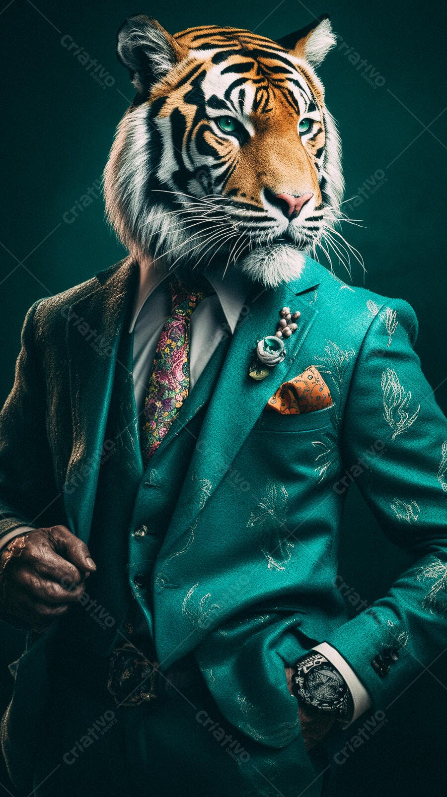 Tigre elegante em terno verde