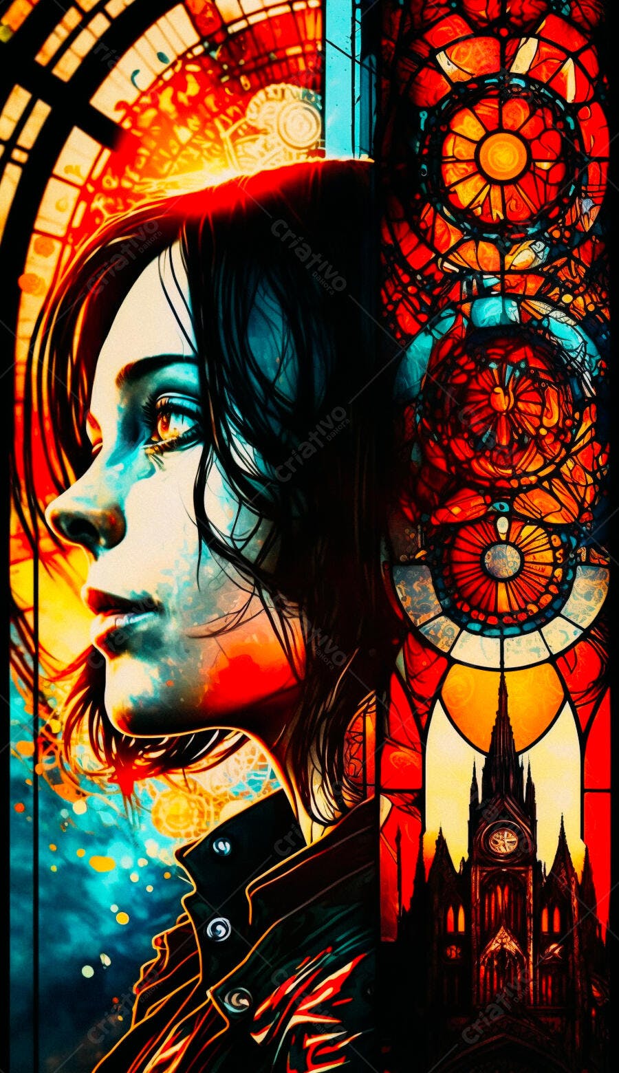 Mulher contemplativa em estilo vitral