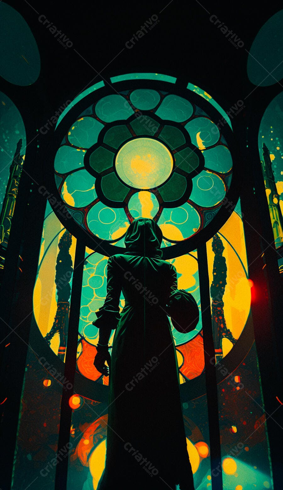 Figura misteriosa diante de vitral colorido