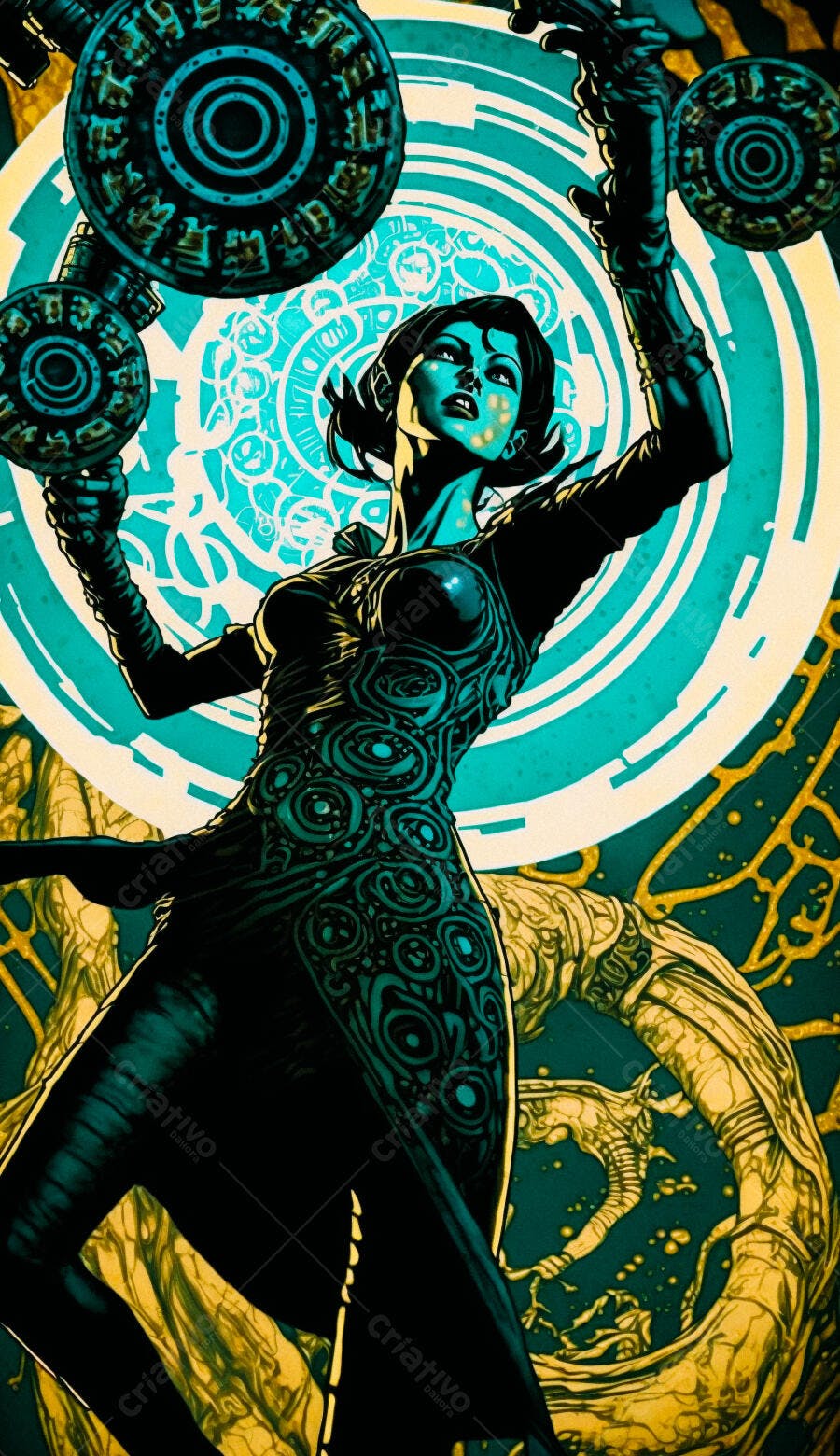 Mulher com artefato turquesa e dourado