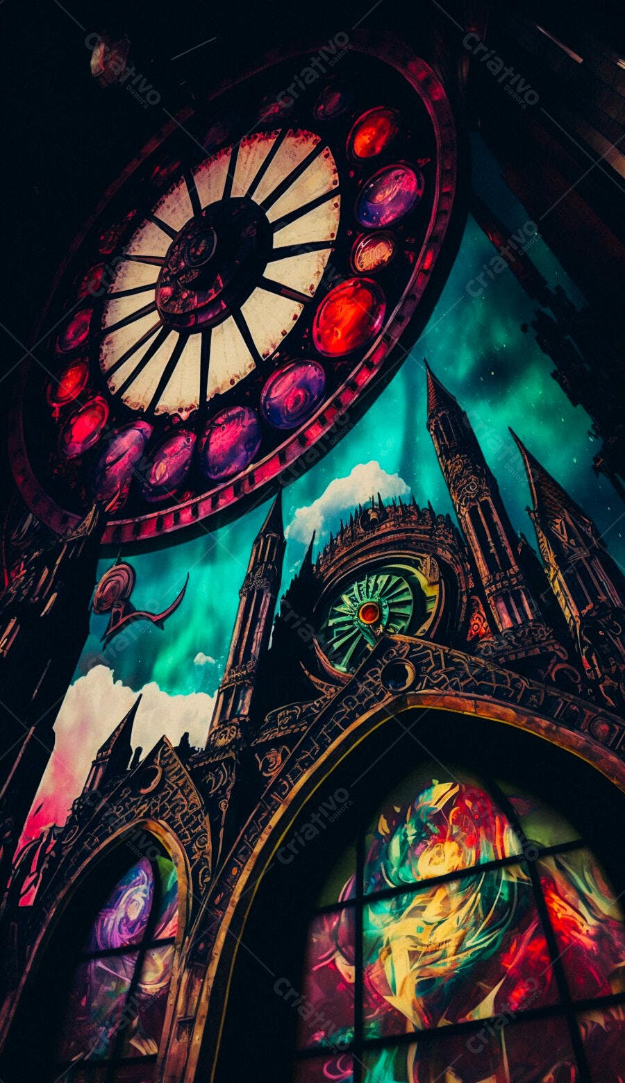 Vitral gótico com tons escuros e vibrantes