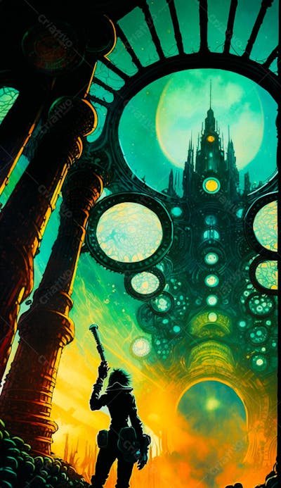 Explorador Observando o Espaço Através de uma Janela Futurista