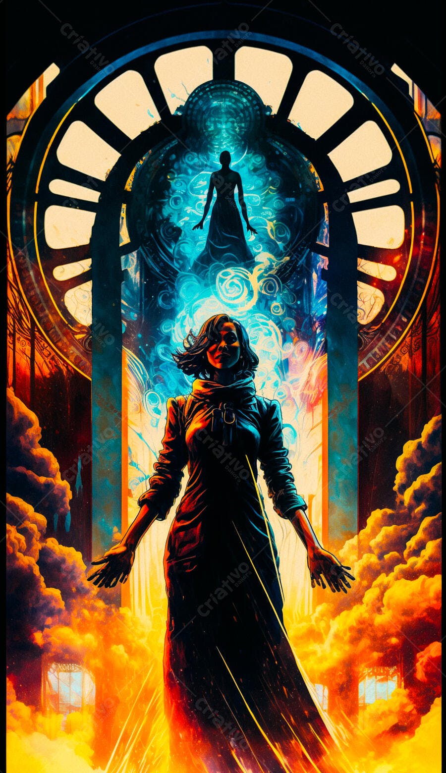 Mulher em portal mágico cores vibrantes