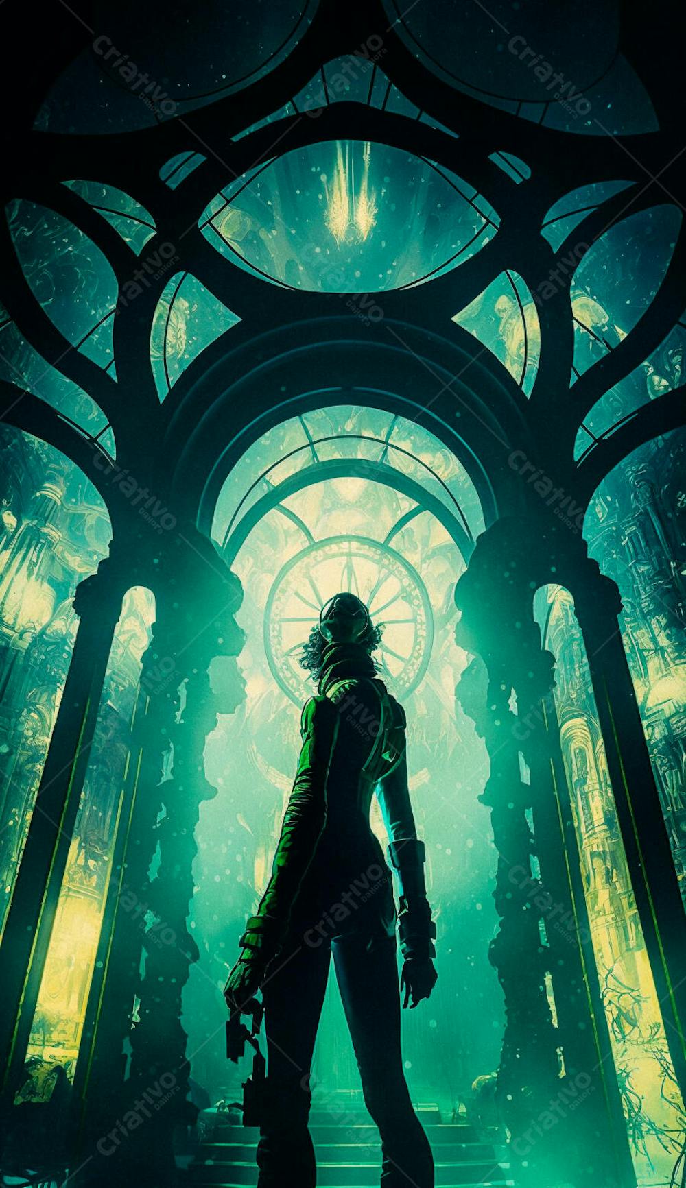 Explorador Observando o Espaço Através de uma Janela Futurista