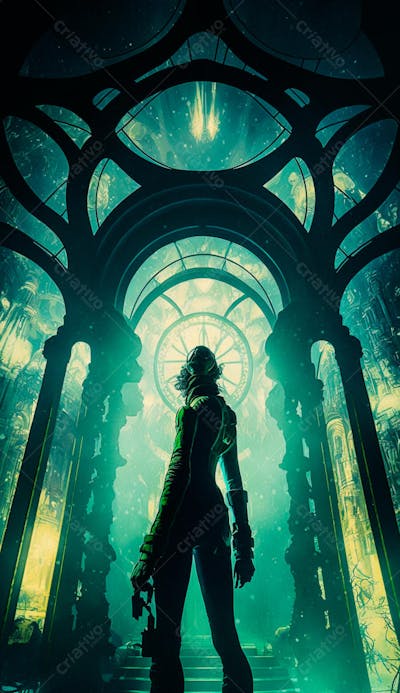 Explorador Observando o Espaço Através de uma Janela Futurista