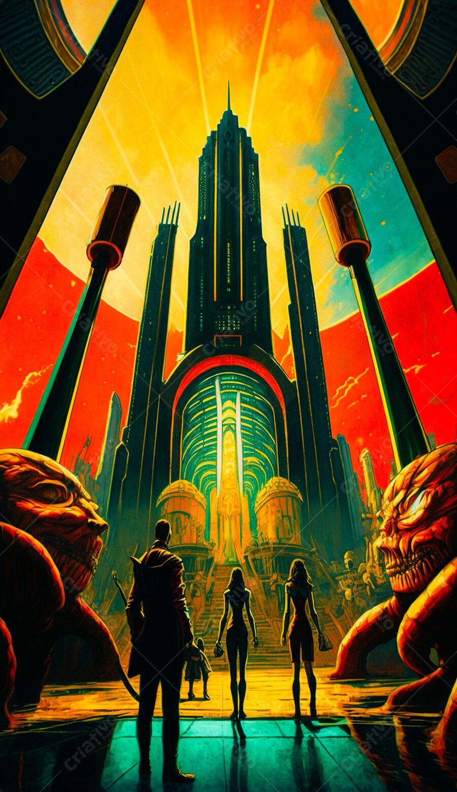 Arte digital futurista cidadela pessoas
