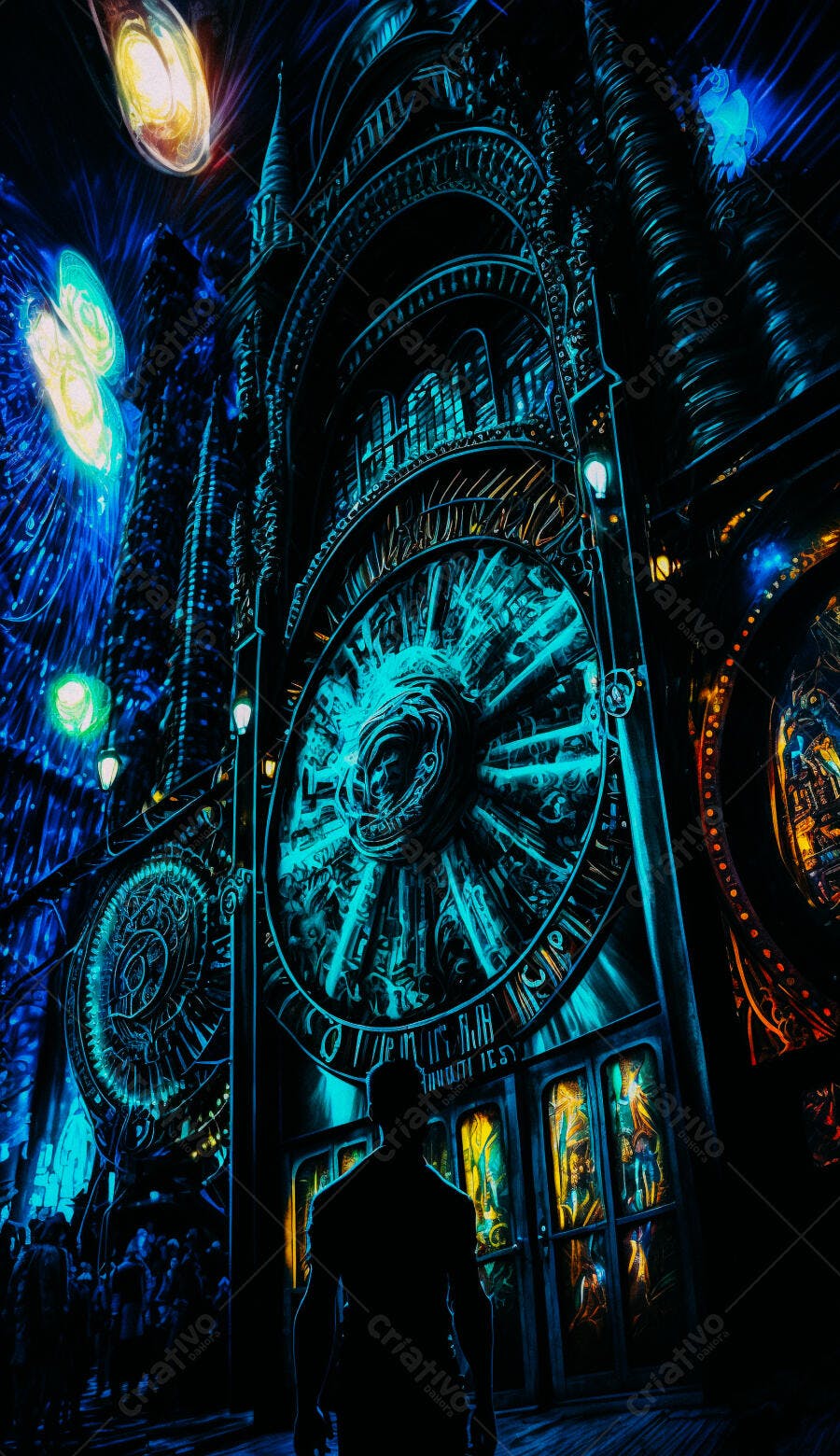 Relógio steampunk gigante homem silhueta noite