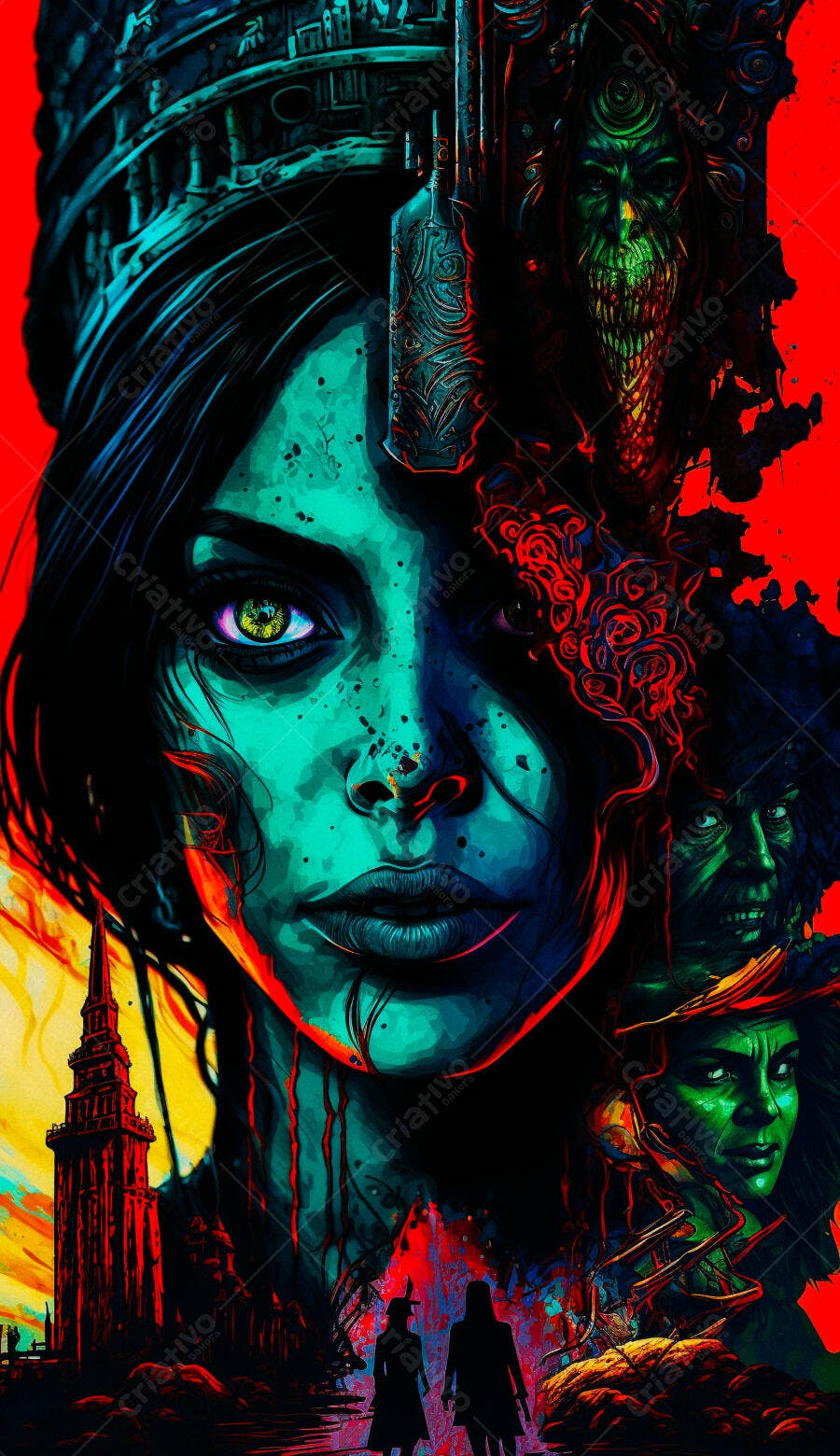 Mulher em arte digital estilo gótico com tons azuis e vermelhos