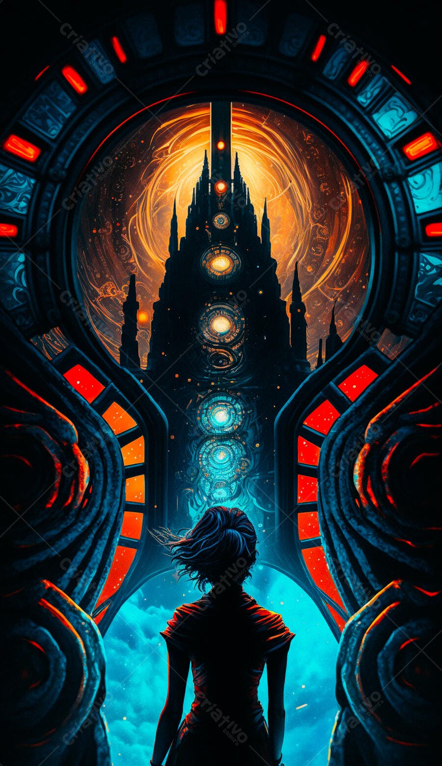 Mulher diante de portal para castelo futurista