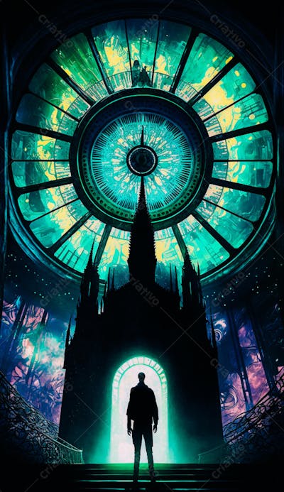 Explorador Observando o Espaço Através de uma Janela Futurista