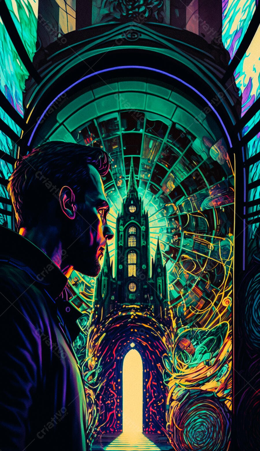 Homem contemplando portal gótico colorido
