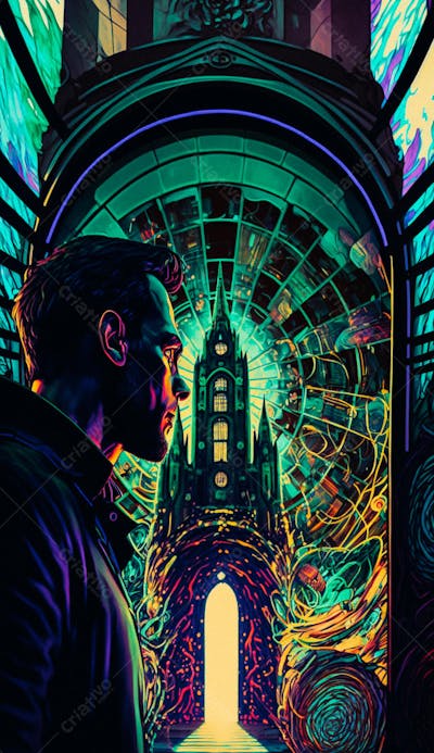 Explorador Observando o Espaço Através de uma Janela Futurista