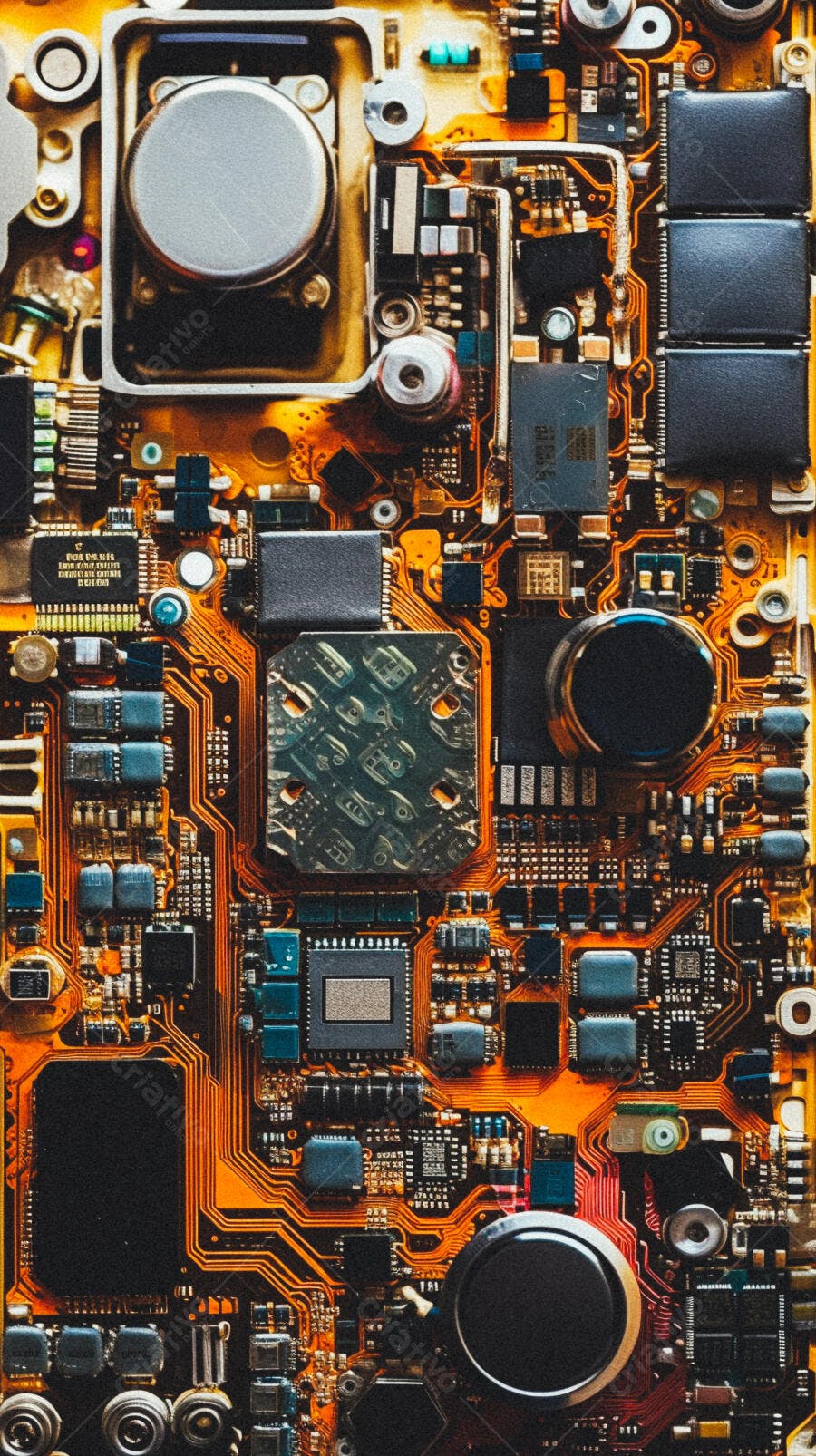 Placa de circuito eletrônico detalhada cores laranja e preta
