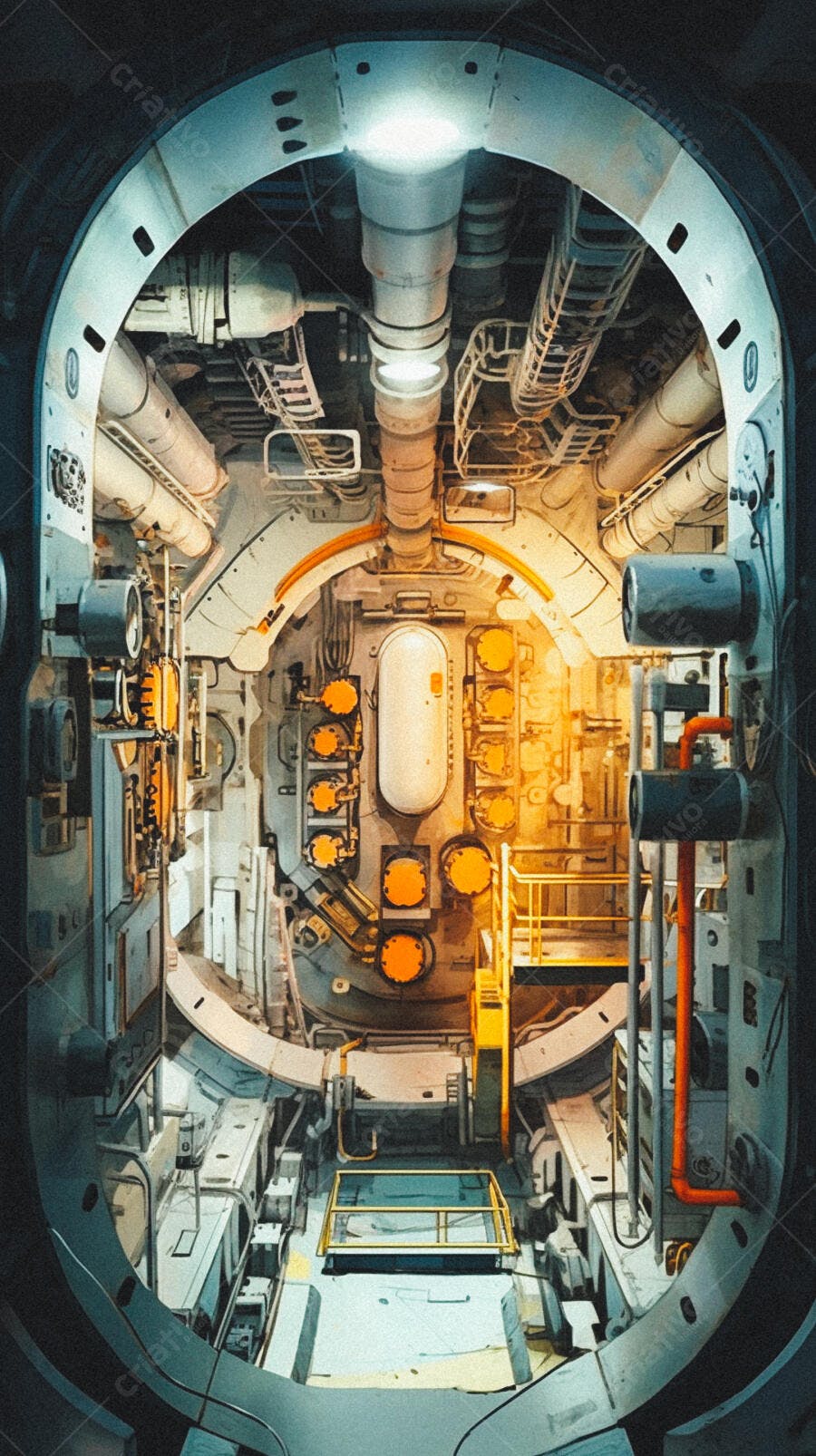 Interior de máquina industrial tons azuis e laranjas