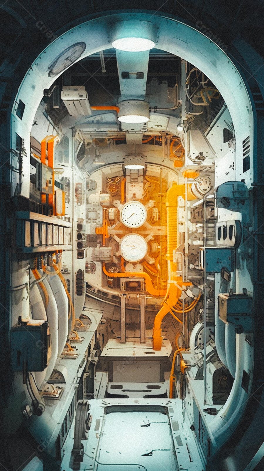 Interior futurista nave espacial cores azul laranja