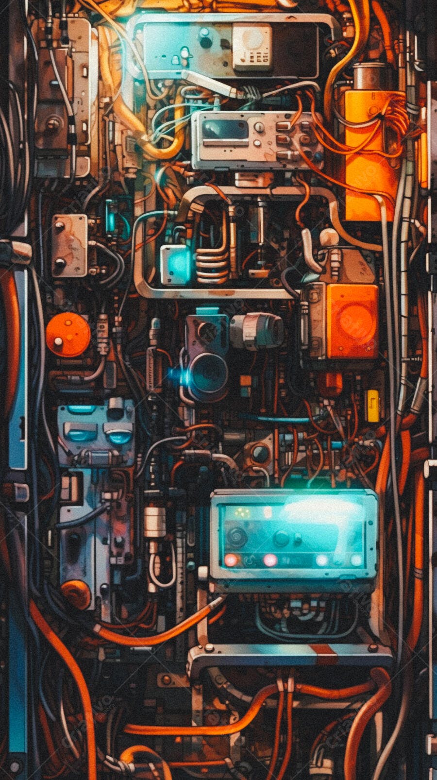 Painel de controle futurista com fiação laranja e azul