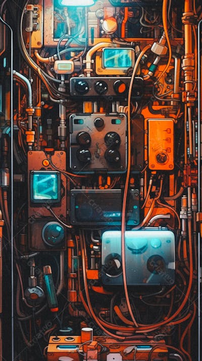 Interior celular Painel de Circuitos e Cabos em Estilo Futurista