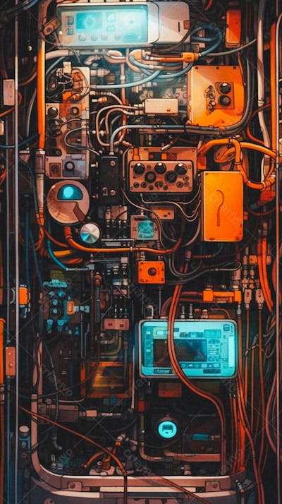 Interior celular Painel de Circuitos e Cabos em Estilo Futurista