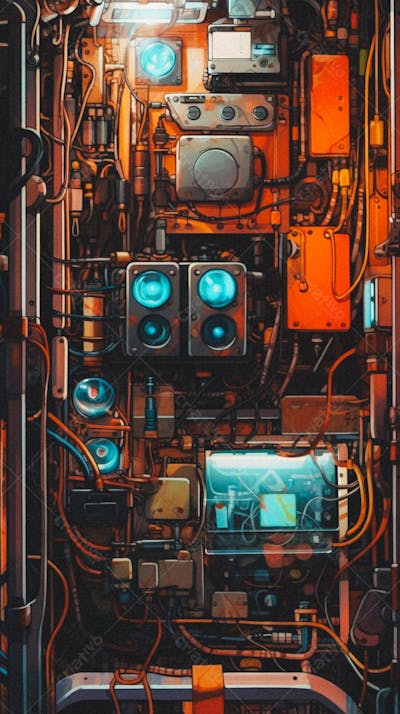 Interior celular Painel de Circuitos e Cabos em Estilo Futurista