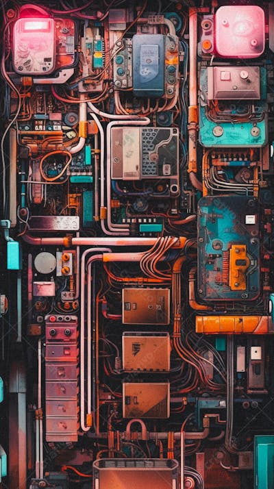 Interior celular Painel de Circuitos e Cabos em Estilo Futurista