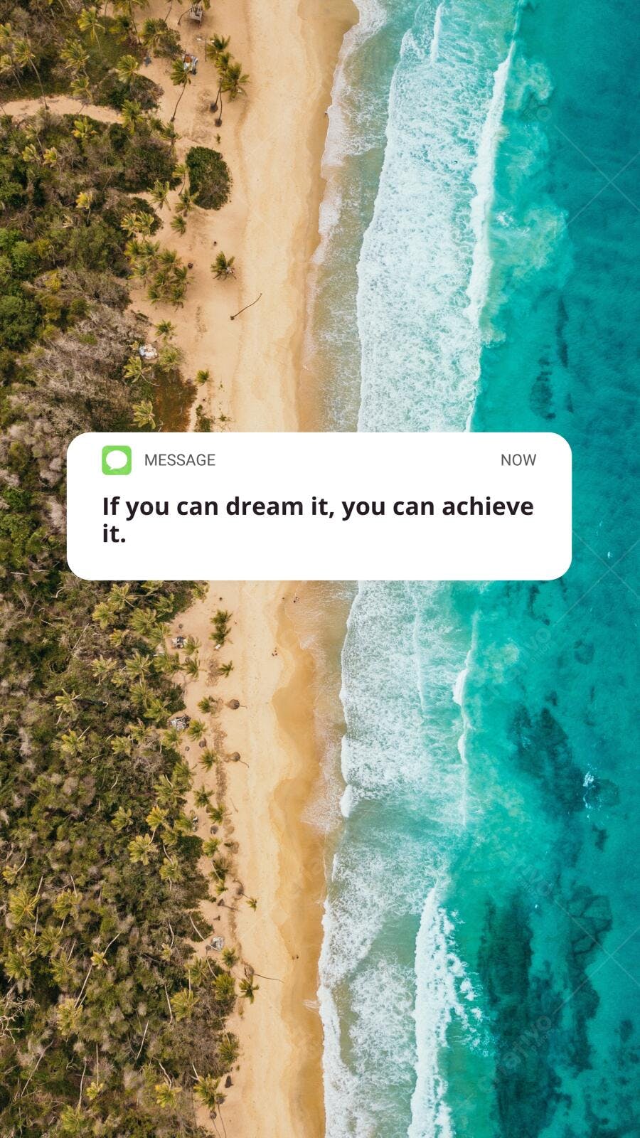 Praia tropical vista aérea com mensagem motivacional