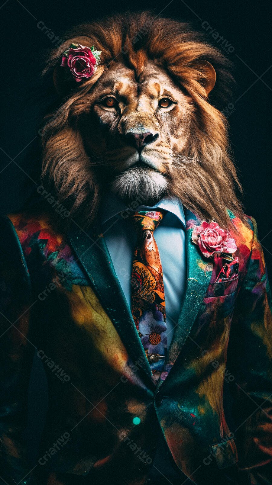 Leão elegante em terno colorido