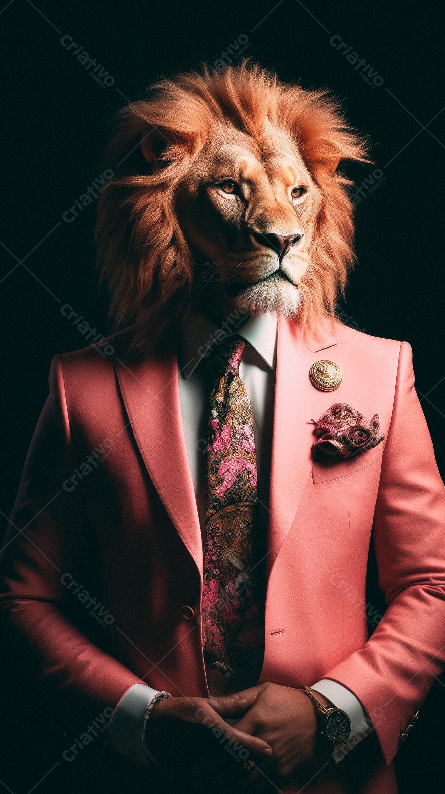 Leão em terno rosa elegante