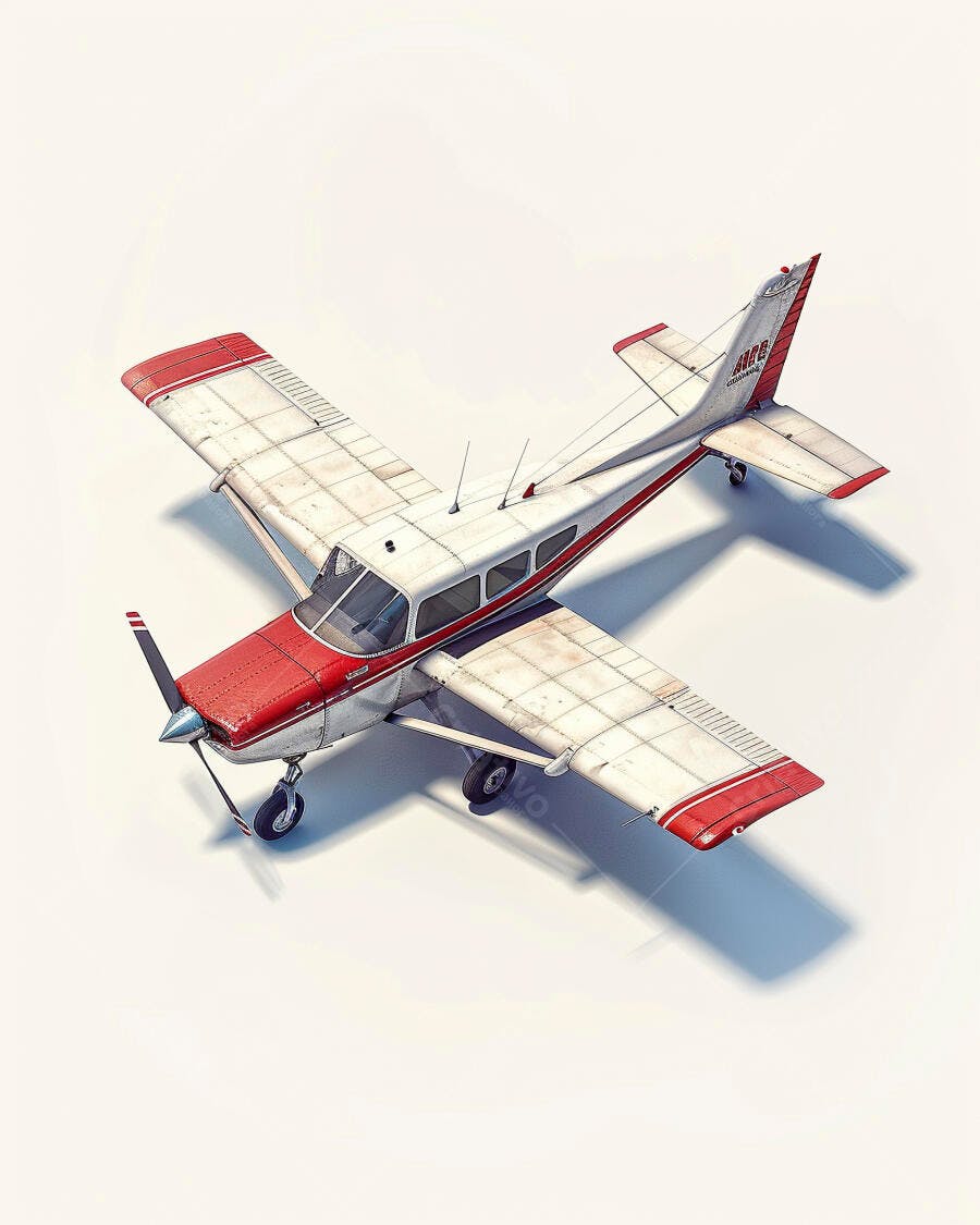 Avião pequeno vermelho e branco vista aérea