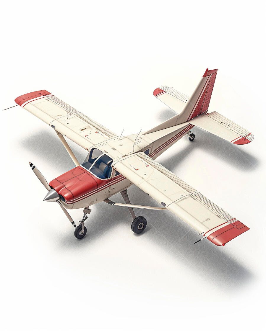 Avião pequeno vermelho e branco vista aérea