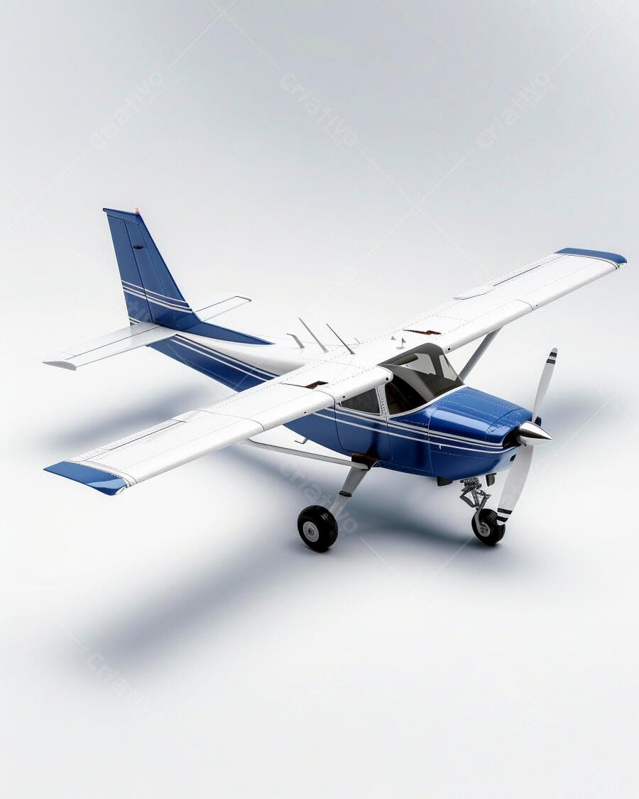 Avião monomotor azul e branco em fundo branco