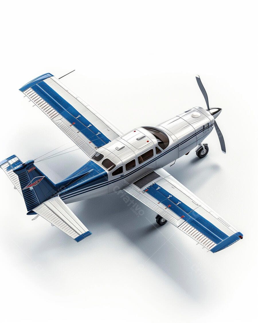 Avião monomotor azul e branco vista aérea