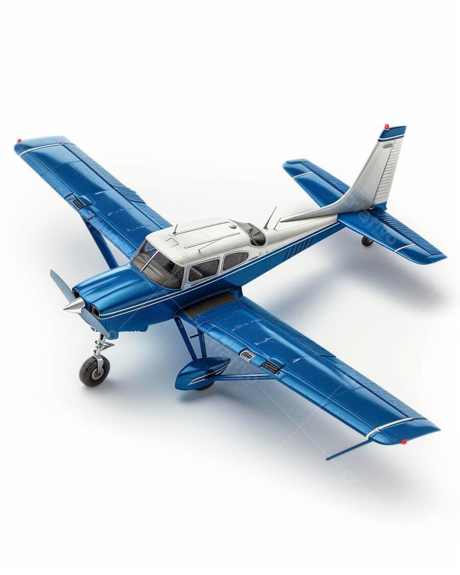Avião monomotor azul sobre fundo branco