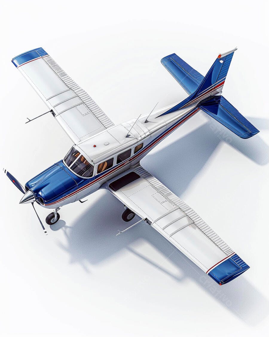 Avião monomotor azul e branco vista aérea
