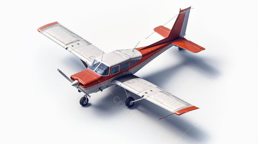 Avião pequeno vermelho e branco sobre fundo branco