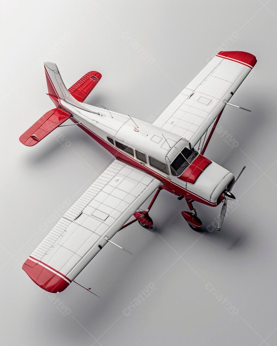Avião pequeno vermelho e branco vista aérea